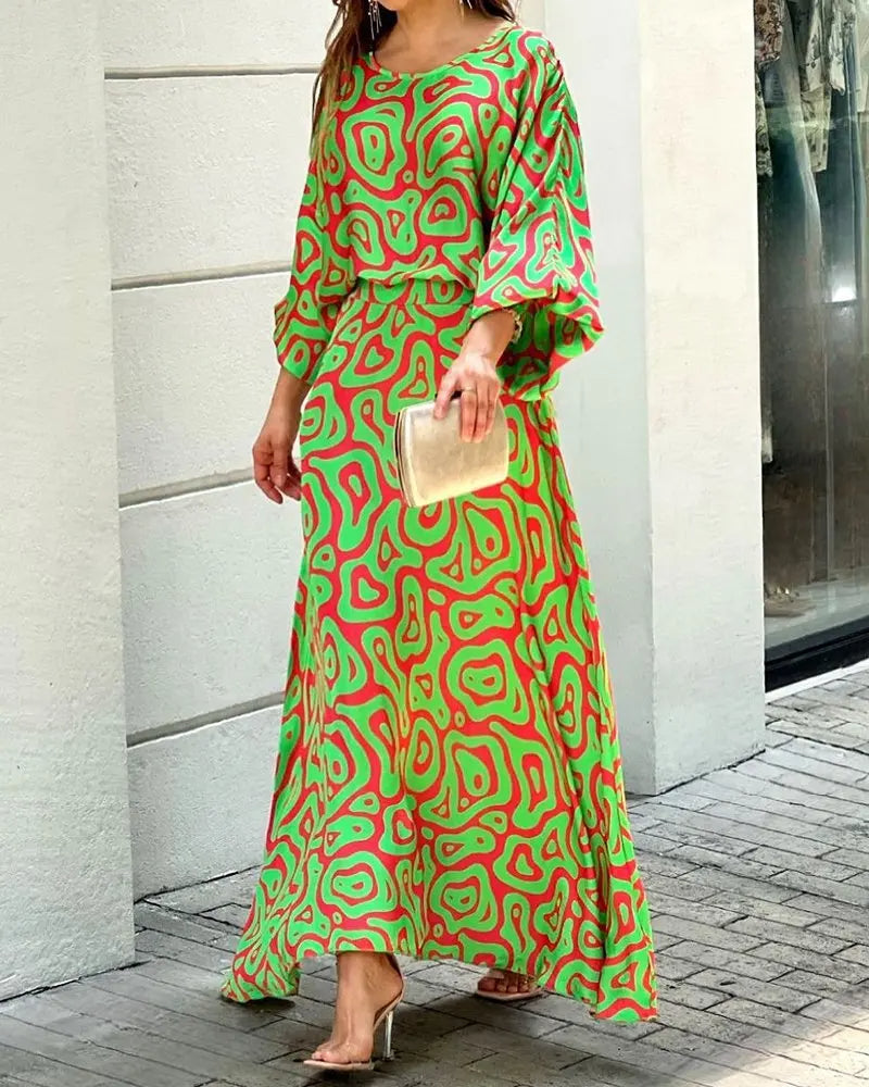 Floral Vacation Dress Set – 2-Piece Maxi Skirt & Blouse with Big Swing Hem for Summer Holiday Style