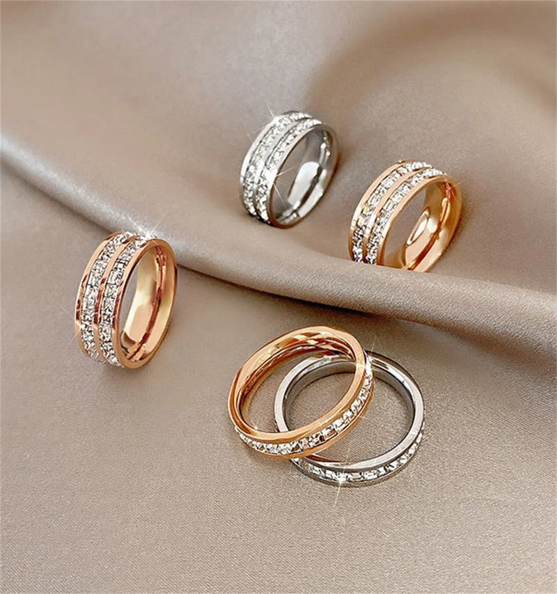 Romantic Double Row Rose Gold Couple Ring - Sparkling Zircon Stainless Steel Engagement Jewelry