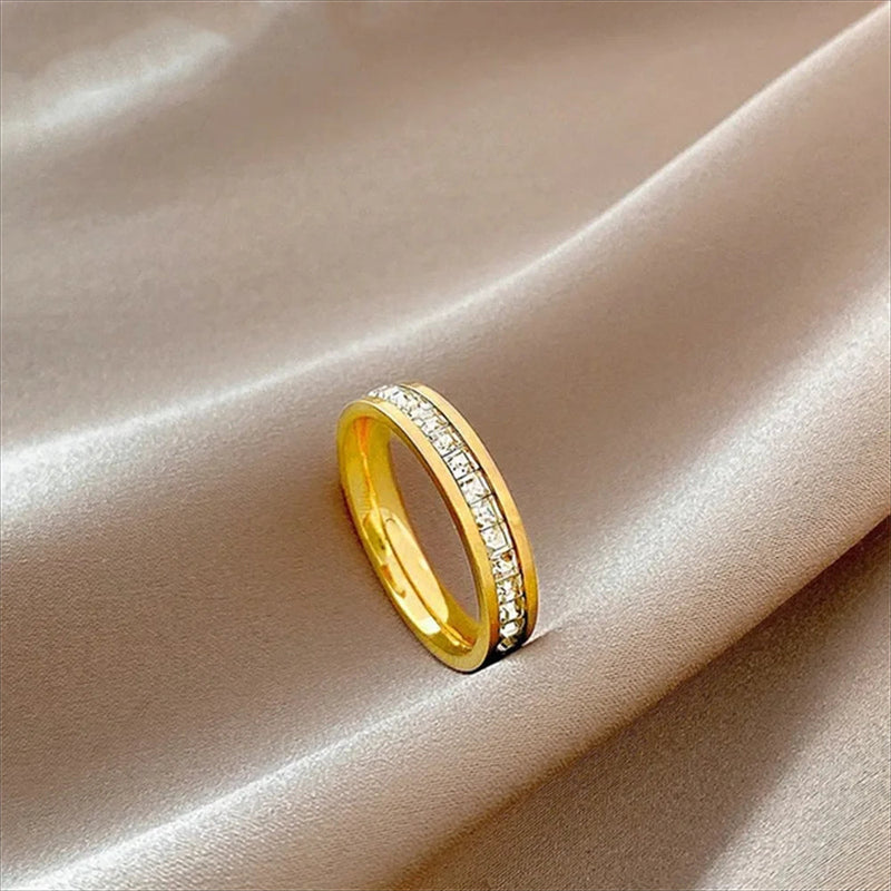 Romantic Double Row Rose Gold Couple Ring - Sparkling Zircon Stainless Steel Engagement Jewelry