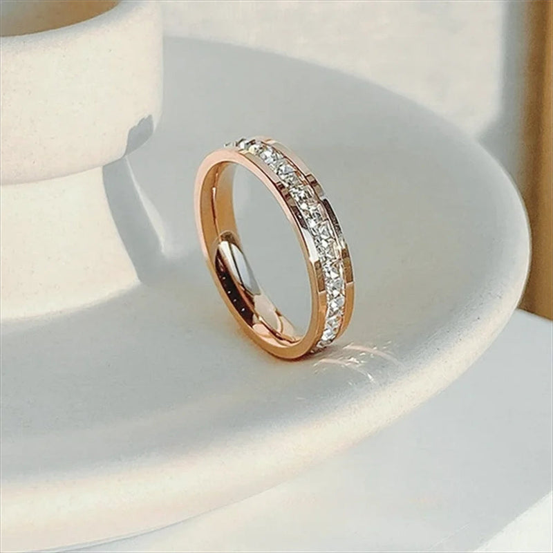 Romantic Double Row Rose Gold Couple Ring - Sparkling Zircon Stainless Steel Engagement Jewelry