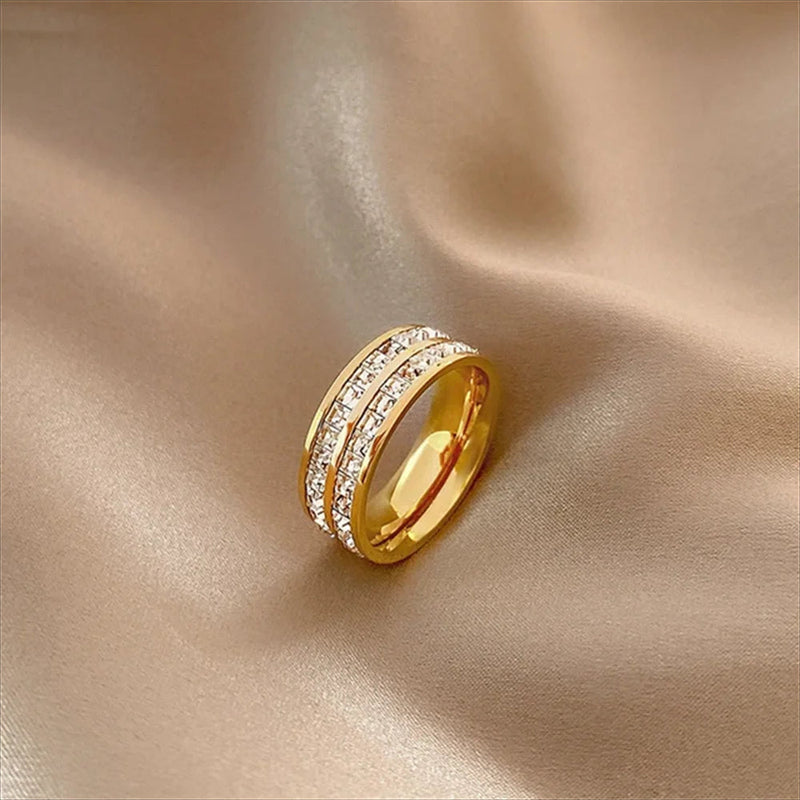Romantic Double Row Rose Gold Couple Ring - Sparkling Zircon Stainless Steel Engagement Jewelry