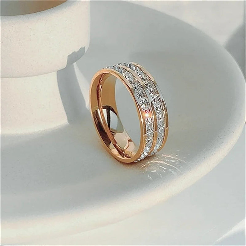 Romantic Double Row Rose Gold Couple Ring - Sparkling Zircon Stainless Steel Engagement Jewelry