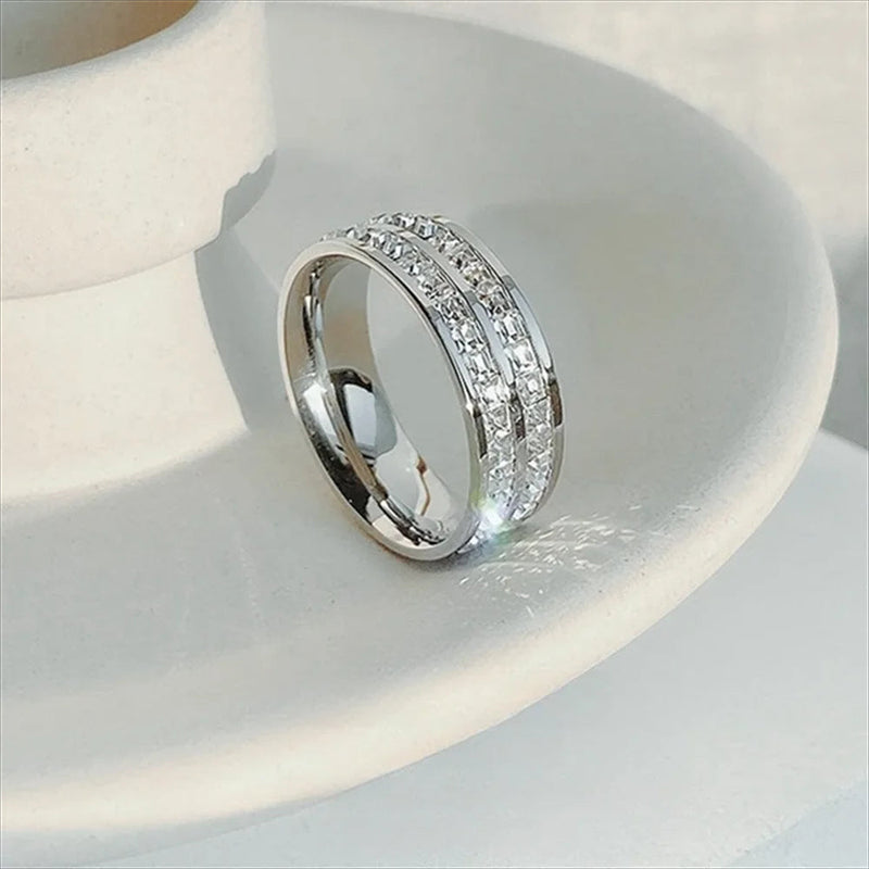 Romantic Double Row Rose Gold Couple Ring - Sparkling Zircon Stainless Steel Engagement Jewelry
