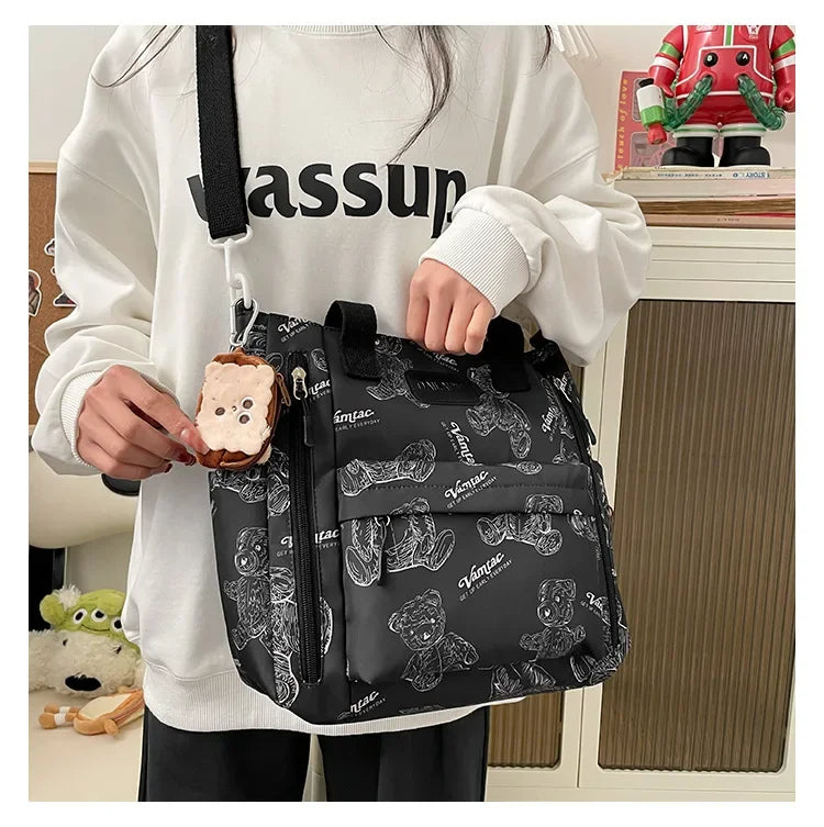 Bear Print Multi-Compartment Backpack Purse – Stylish & Spacious Nurse, Teacher & Laptop Bag