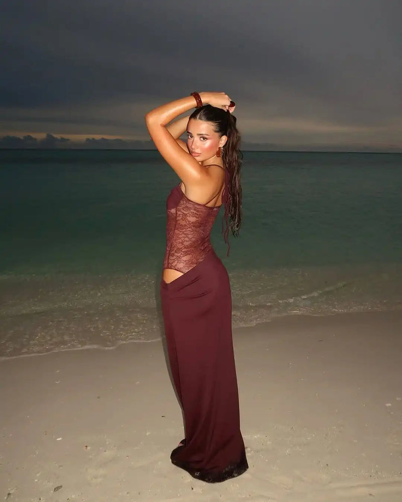 Lace Suspender Patchwork Maxi Dress – Backless Sleeveless Design for a Slim, Elegant Party Silhouette