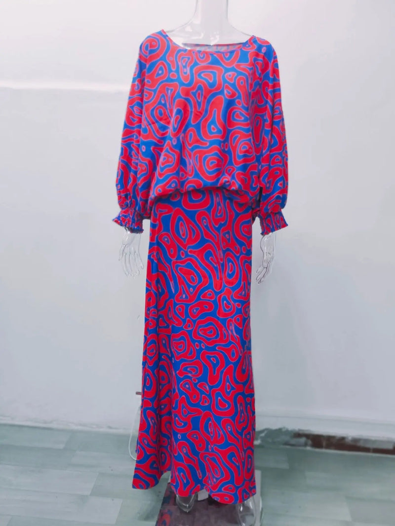 Floral Vacation Dress Set – 2-Piece Maxi Skirt & Blouse with Big Swing Hem for Summer Holiday Style