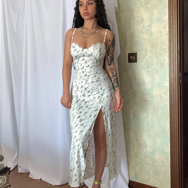 Floral Print Long Midi Lace Dress – Sleeveless Backless Bodycon Slit Dress for Club, Birthday & Party Nights