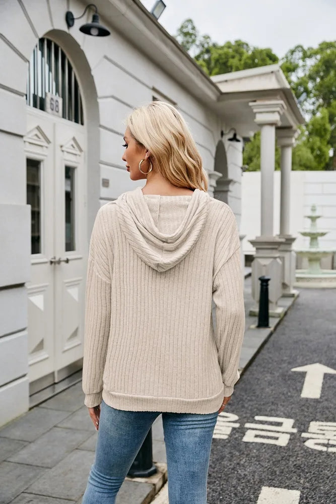 Hooded Groove Stripe Knitted Sweater – Cozy Women's Pullover with Kangaroo Pocket for Casual Winter Chic