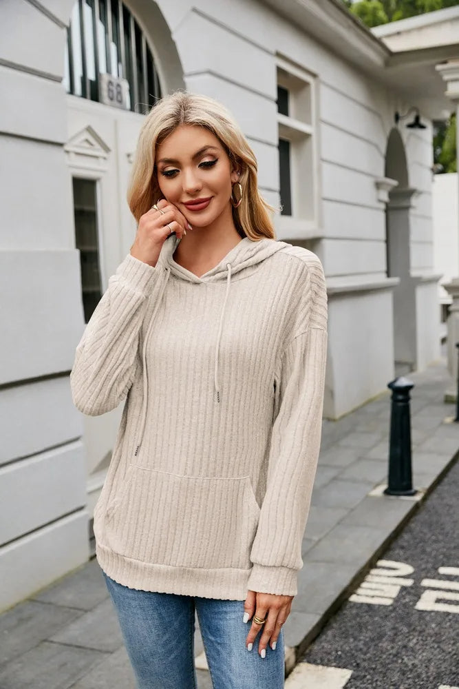 Hooded Groove Stripe Knitted Sweater – Cozy Women's Pullover with Kangaroo Pocket for Casual Winter Chic
