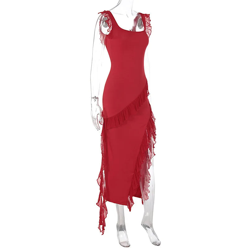 Sexy Spaghetti Strap Thigh High Split Bodycon Dress – Backless, Low-Cut Ruffle Gown for Elegant Evening & Party Glamour