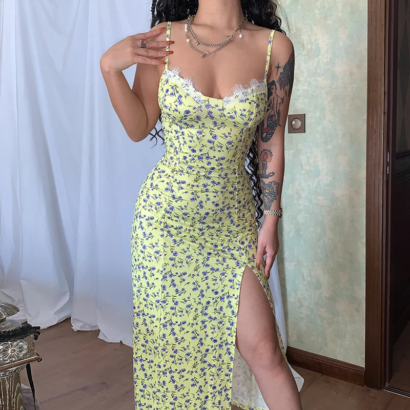 Floral Print Long Midi Lace Dress – Sleeveless Backless Bodycon Slit Dress for Club, Birthday & Party Nights