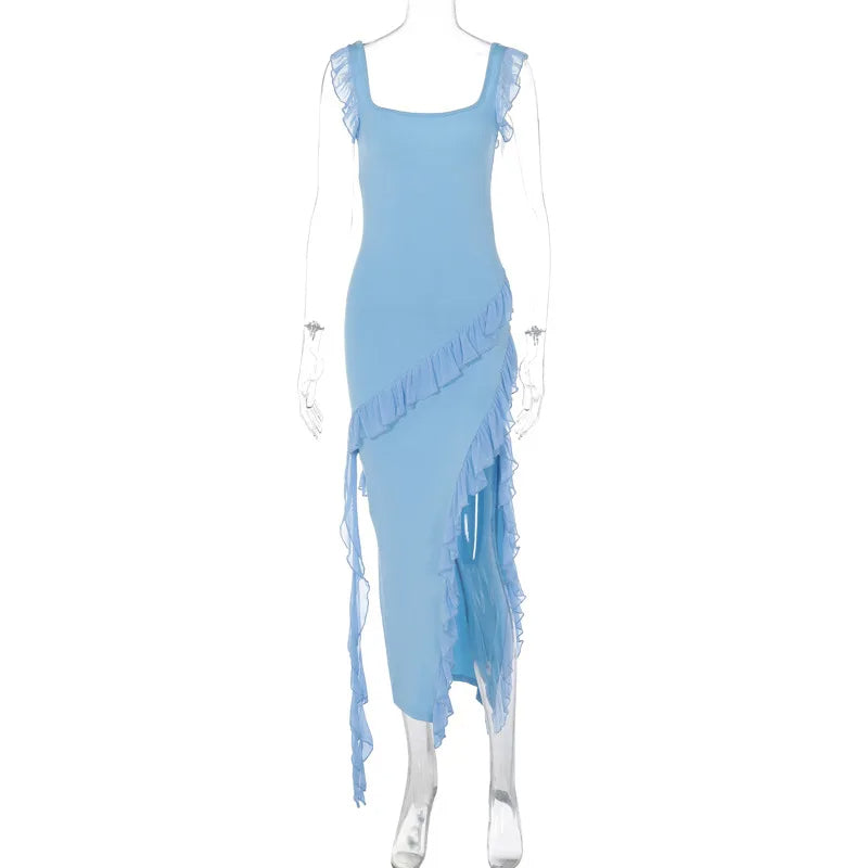 Sexy Spaghetti Strap Thigh High Split Bodycon Dress – Backless, Low-Cut Ruffle Gown for Elegant Evening & Party Glamour