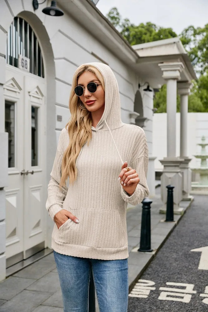 Hooded Groove Stripe Knitted Sweater – Cozy Women's Pullover with Kangaroo Pocket for Casual Winter Chic