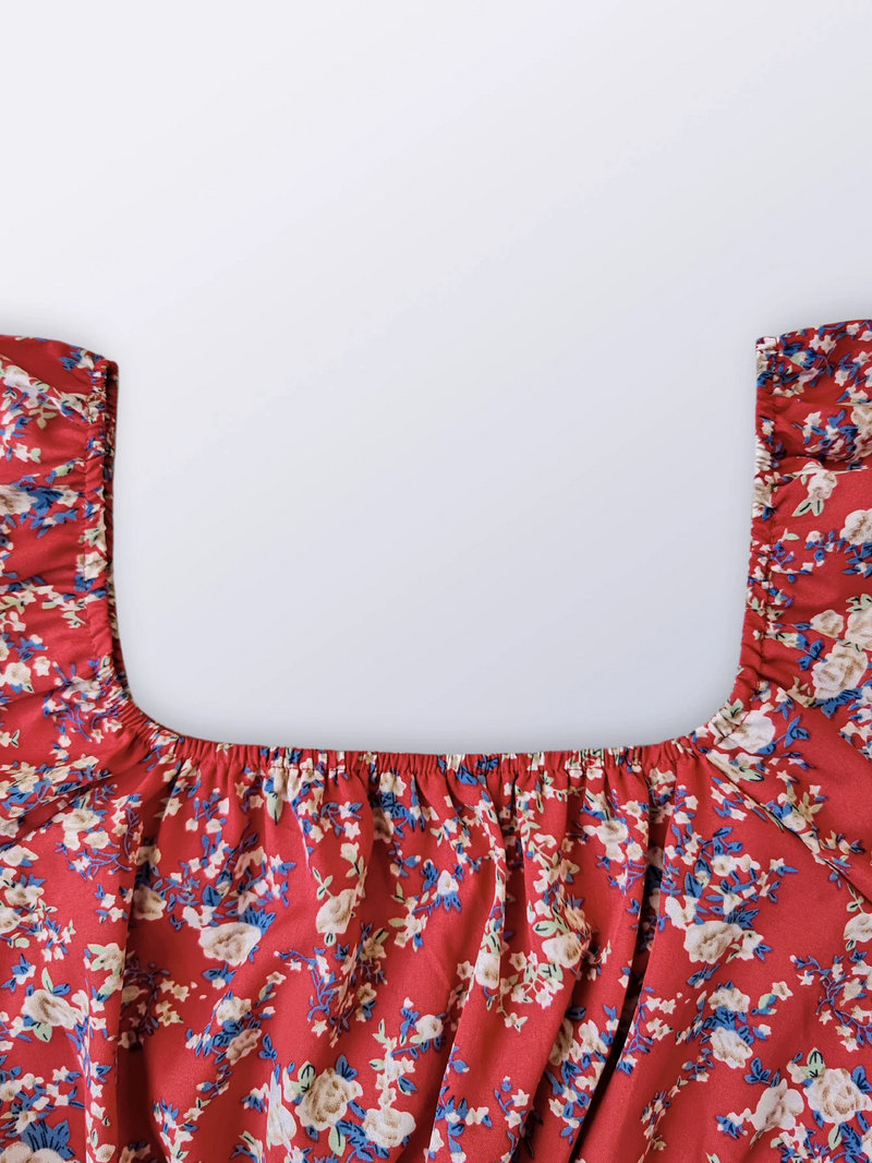Floral Ruffled Square Neck Dress – Elegant Short Sleeve Summer Dress for Feminine Charm & Seasonal Sophistication