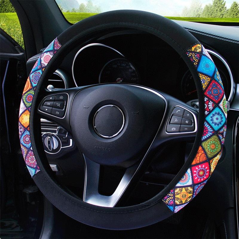 38cm Elastic Car Steering Wheel Cover Ethnic Style Print Anti-sli Car Covers Suite Fashion Trend Car Handle Cover