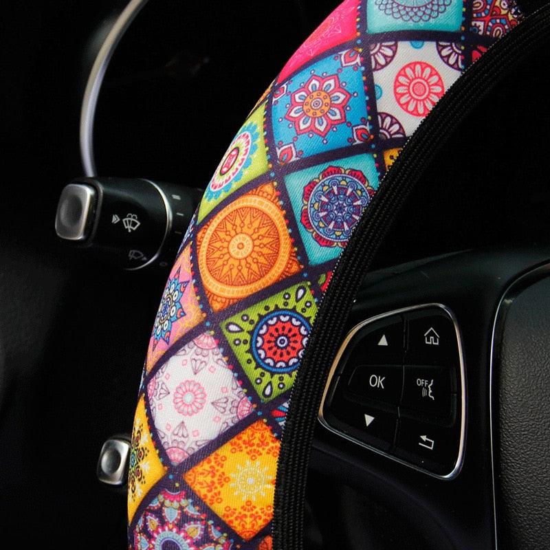38cm Elastic Car Steering Wheel Cover Ethnic Style Print Anti-sli Car Covers Suite Fashion Trend Car Handle Cover