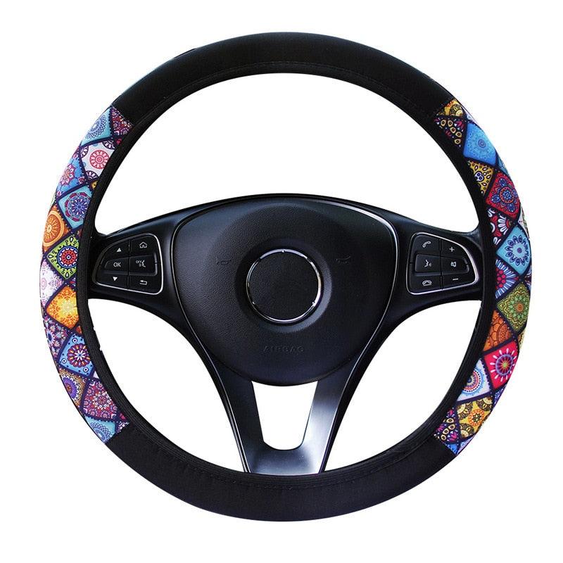 38cm Elastic Car Steering Wheel Cover Ethnic Style Print Anti-sli Car Covers Suite Fashion Trend Car Handle Cover