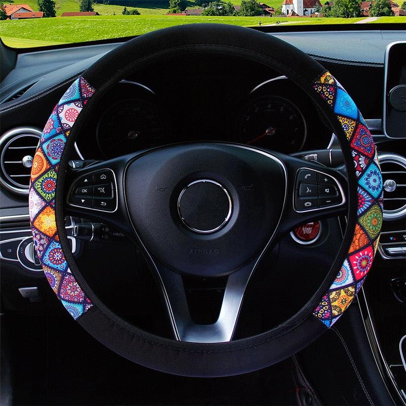 38cm Elastic Car Steering Wheel Cover Ethnic Style Print Anti-sli Car Covers Suite Fashion Trend Car Handle Cover