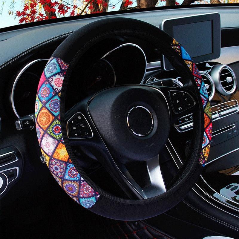 38cm Elastic Car Steering Wheel Cover Ethnic Style Print Anti-sli Car Covers Suite Fashion Trend Car Handle Cover