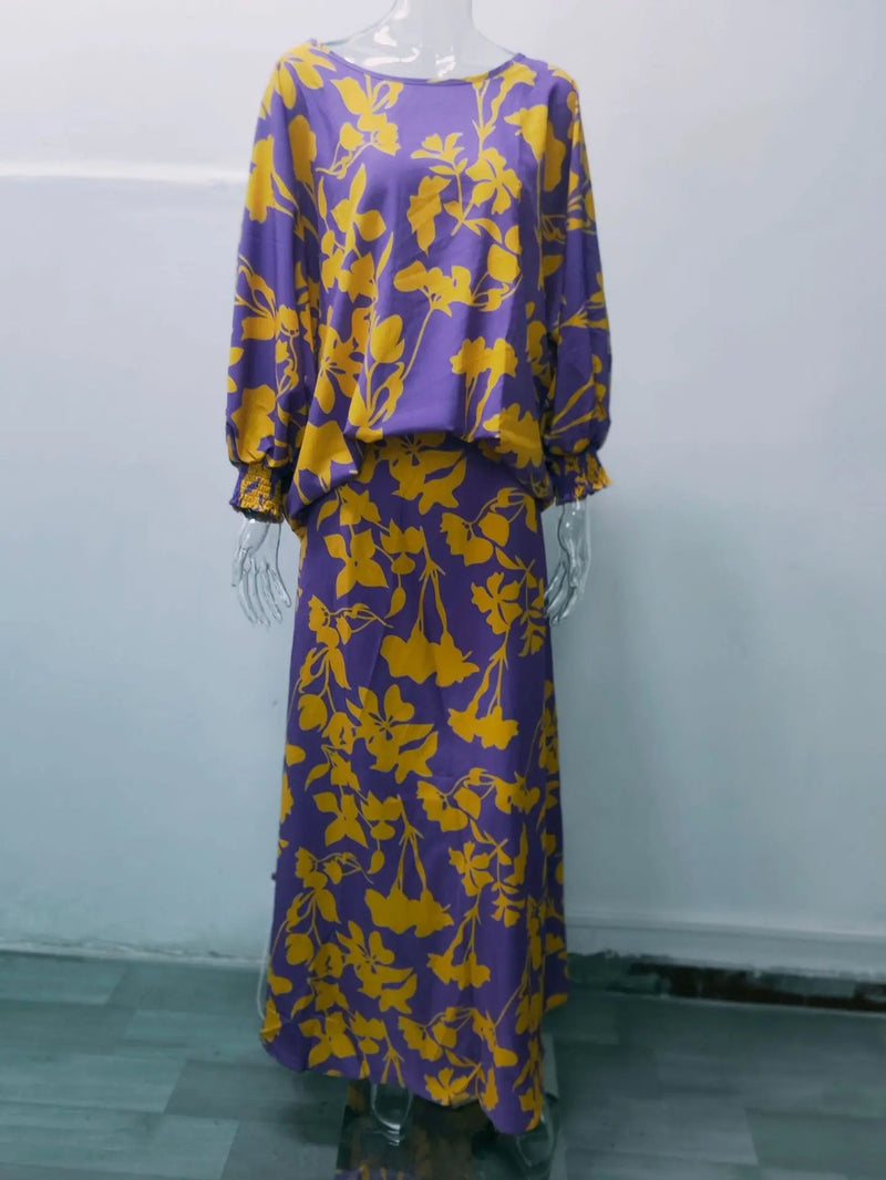 Floral Vacation Dress Set – 2-Piece Maxi Skirt & Blouse with Big Swing Hem for Summer Holiday Style