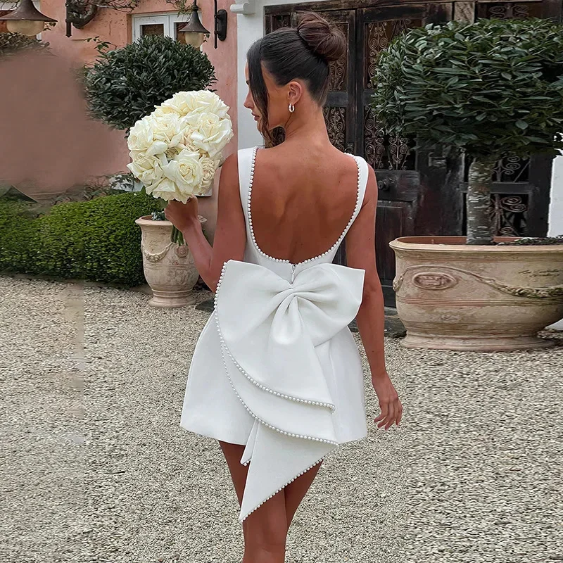 White Pearl Big Bow Backless Mini Dress – Sexy 2024 A-Line Bodycon for Elegant Evenings, Parties & Date Nights