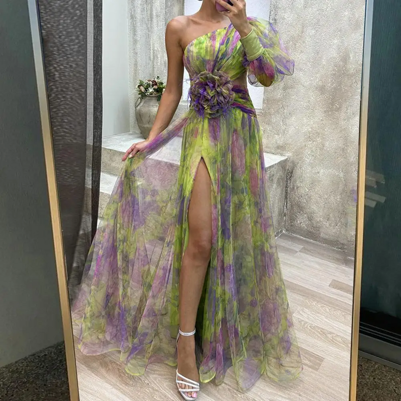 Mesh Tie Dye One-Shoulder Ball Gown with Slit – Floral Mesh Bubble Sleeve Split Evening Dress for Glamorous Events