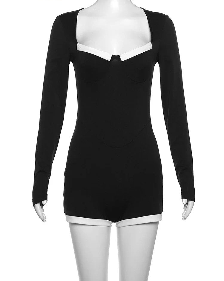 Women's Strange Cat Jumpsuit – Square Neck Patchwork Romper with Slim Stretch Long Sleeves for Sleek Urban Style