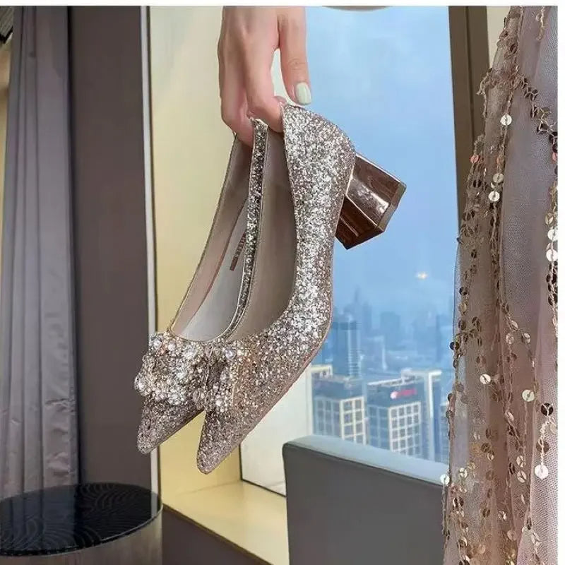 Crystal Bow Rhinestone Party Shoes with Square Buckle- Sparkly Mid-Heel Pumps for Elegant Spring, Weddings & Events
