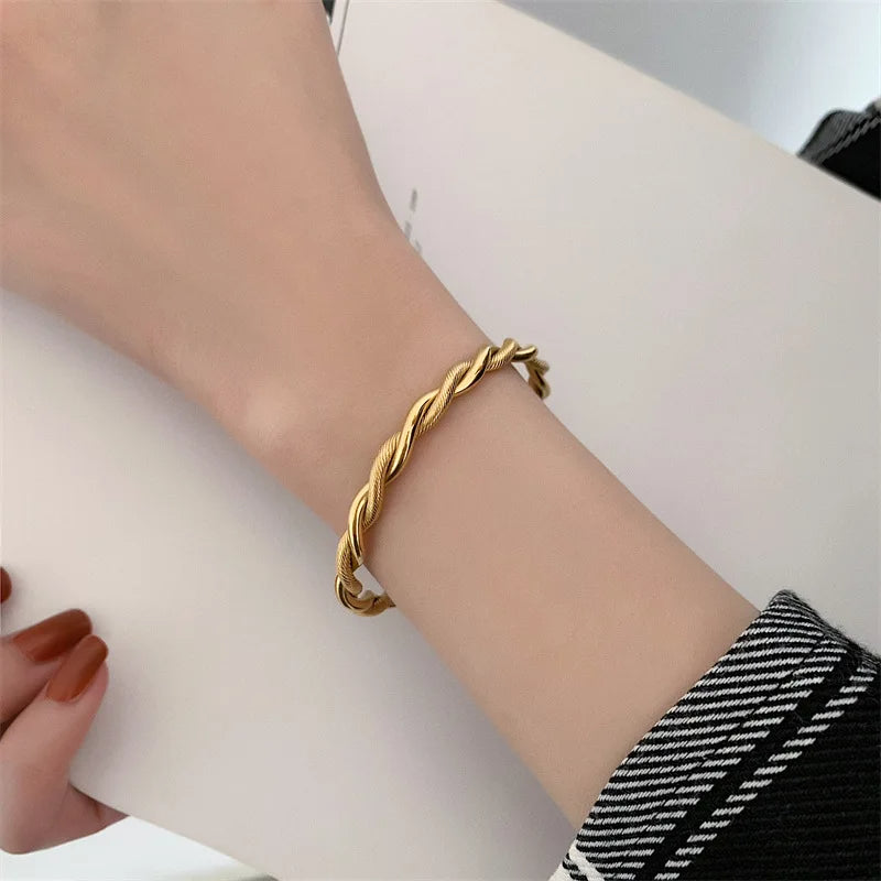 Charm Twist Cuff Bracelet - Slim Gold Opening Bangle in 316L Stainless Steel Charm