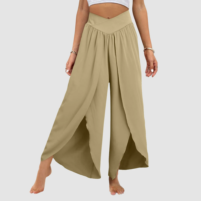 High-Waisted Loose Split Boho Palazzo Pants – Front Slit, Pleated, Plus-Size Beach & Yoga Essential