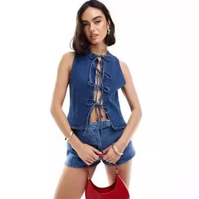 Lace-Up Bow-tied Denim Vest – Sexy Strappy Tank Top for Women’s Streetwear & Casual Layering