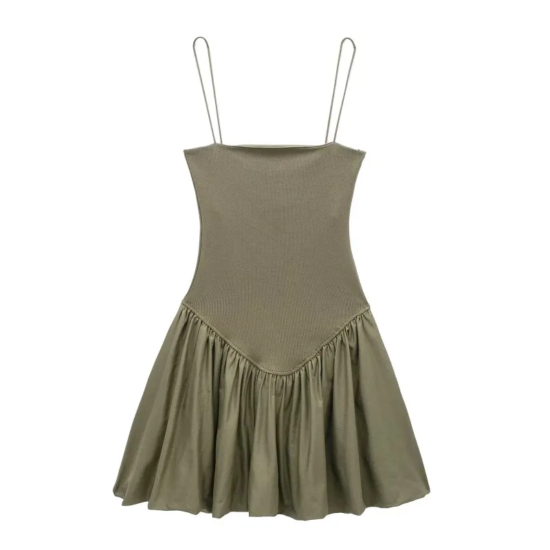 Poplin Balloon Mini Dress – Elastic Strap Sleeveless Chic Camisole Dress with High Waist Fit for Stylish Summer Days