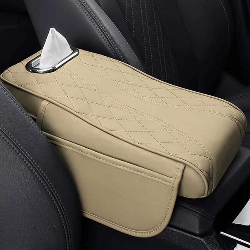 Car Armrest Cushion with Tissue Box – Memory Foam Support with Tissue Box & Storage Pockets