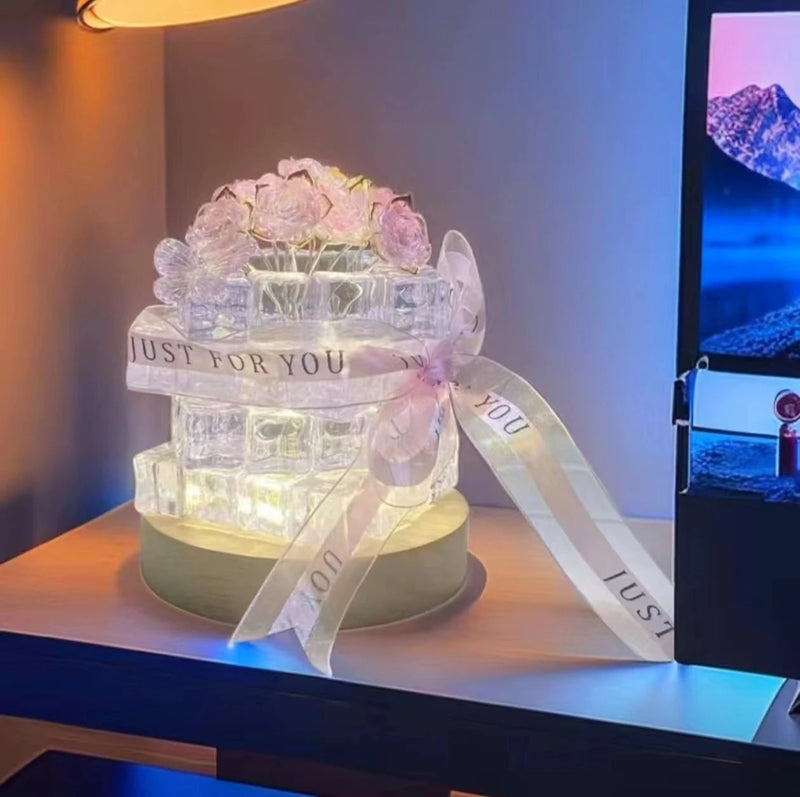 DIY Rose Ice Cube LED Night Light – Handmade Tulip Lamp & Mirror Decor for Birthday & Mother’s Day Gifts