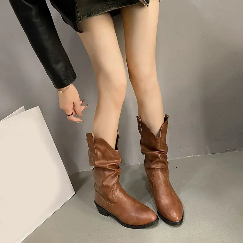 Waterproof Winter Leather Boots - Stylish Non-Slip Pleated Low-Heel Design Keeps You Warm and Fashionable