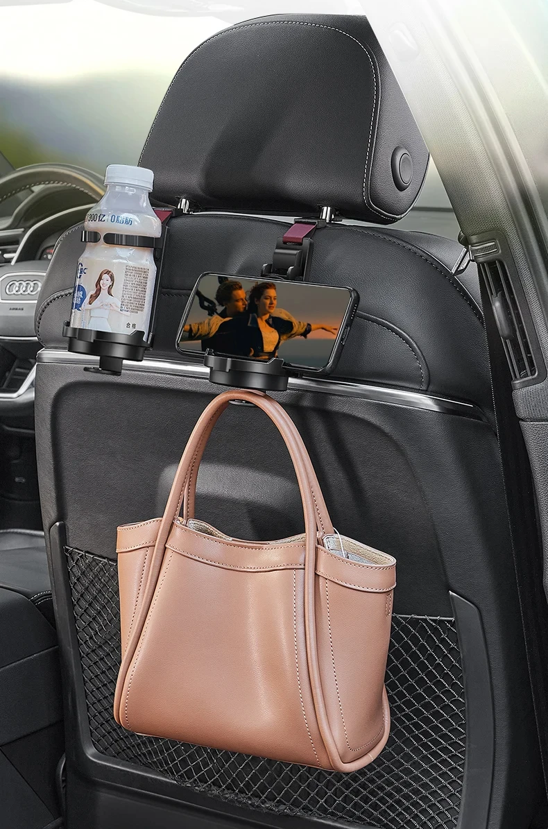 Car Seat Headrest Hook & Cup Holder – Multi-Functional Backseat Organizer for Bags & Drinks