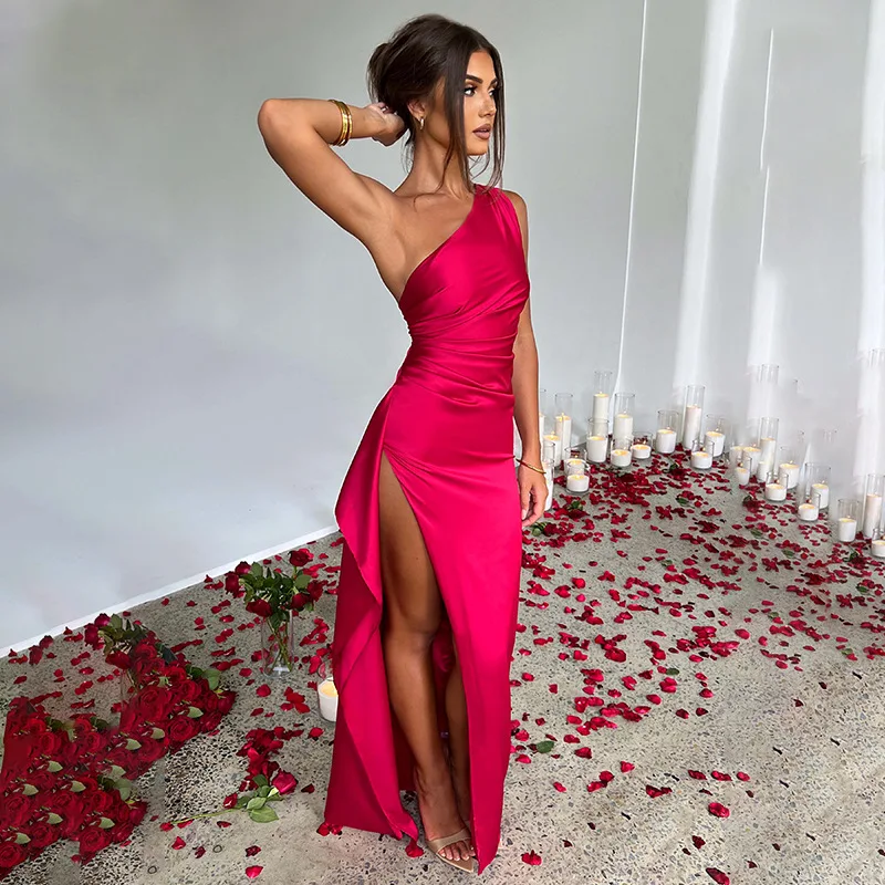 Korean One-Shoulder Pattern Print Maxi Dress – Side-Split Backless Diagonal Collar Beauty for Beach & Summer Elegance