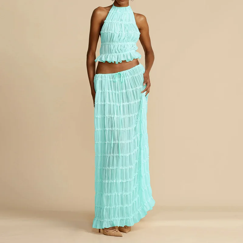 Sexy Two-Piece Hollow Out Set Dress – Backless Lace-Up Crop Top & Long Skirt for Beach & Club Vibes