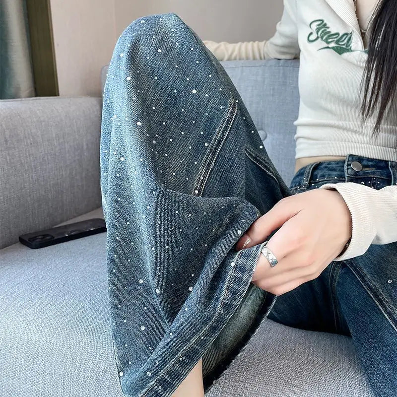 Rhinestone Wide-Leg Jeans – High-Waist Loose Straight Pants for Women