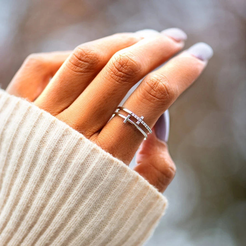 Double Cross Miniature Copper Inlaid Zircon Ring – ‘Pray Through It’ Zircon Band with Card Box for Women & Girls
