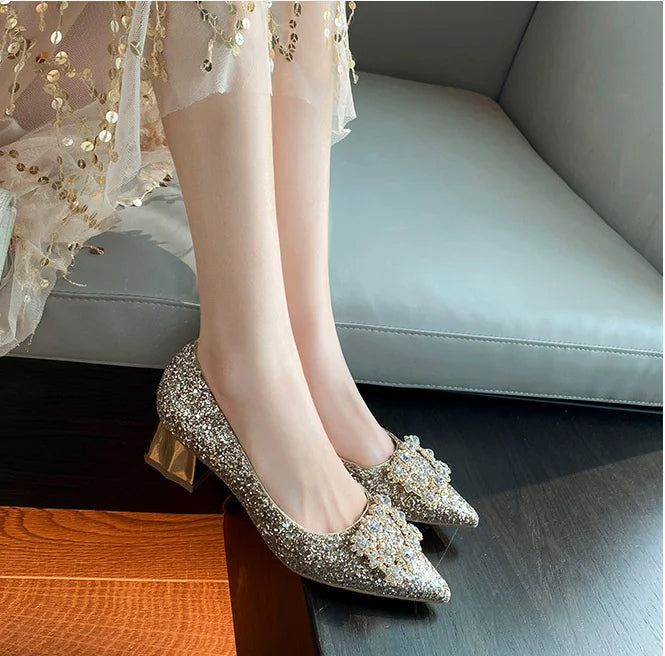 Crystal Bow Rhinestone Party Shoes with Square Buckle- Sparkly Mid-Heel Pumps for Elegant Spring, Weddings & Events