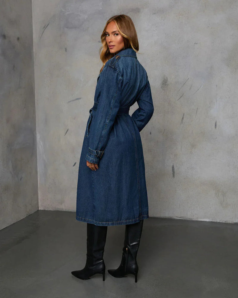 Women’s Long Denim Trench Coats- Autumn Belted Jacket with Elegant Double-Breasted Style