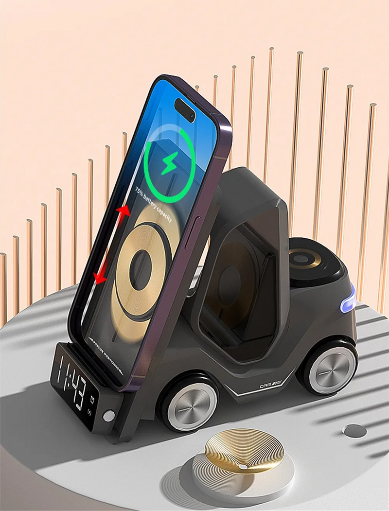 Car Shaped Wireless Charging Dock & LED Alarm Clock – 3-in-1 Fast Charge for iPhone, Apple Watch & Air Pods