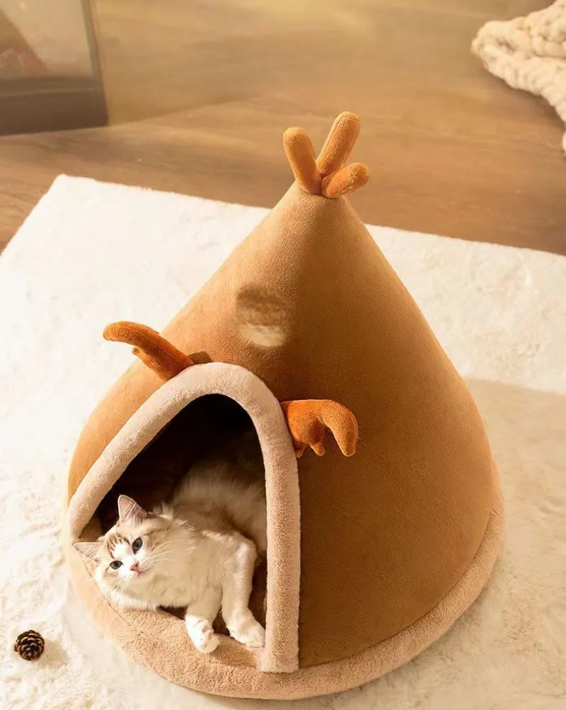 Triangle Pet Tent Bed – Four-Season Triangle Nest for Dogs & Cats with Plush Mattress