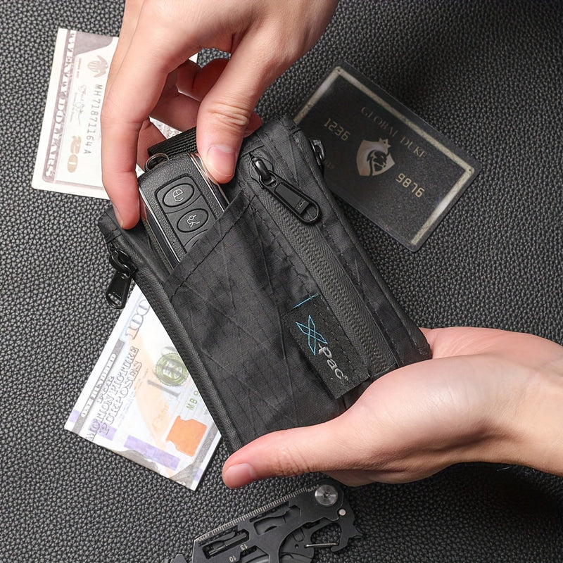 EDC 5-Pocket X-PAC Wallet - Compact Black Quilted Fabric Organizer with YKK Zipper, Keychain, Coin Pouch & Card Slots for Keys, Coins, Bills - Minimalist Men'S Wallet
