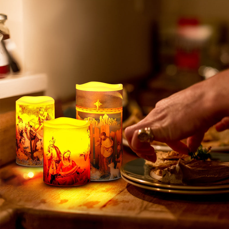 Flameless LED Christmas Candles – 3pcs Battery-Powered Holy Night Lights Candle with Timer Featuring Nativity Scene for Warm Holiday Home Ambience
