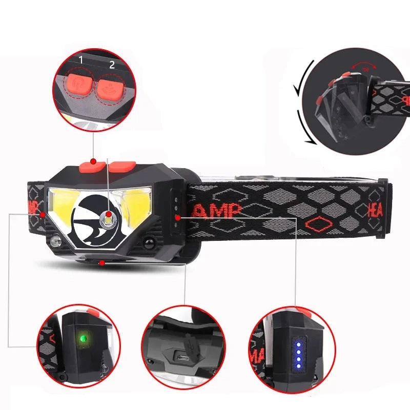 USB Rechargeable LED Headlamp – Bright Sensor-Activated Head Torch for Fishing, Hiking, Emergency Search, or Camping Adventure Use