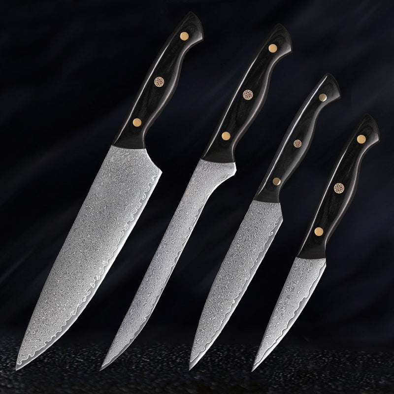 4-Piece Damascus Chef Knife Set With Triple Riveted Wood Handle