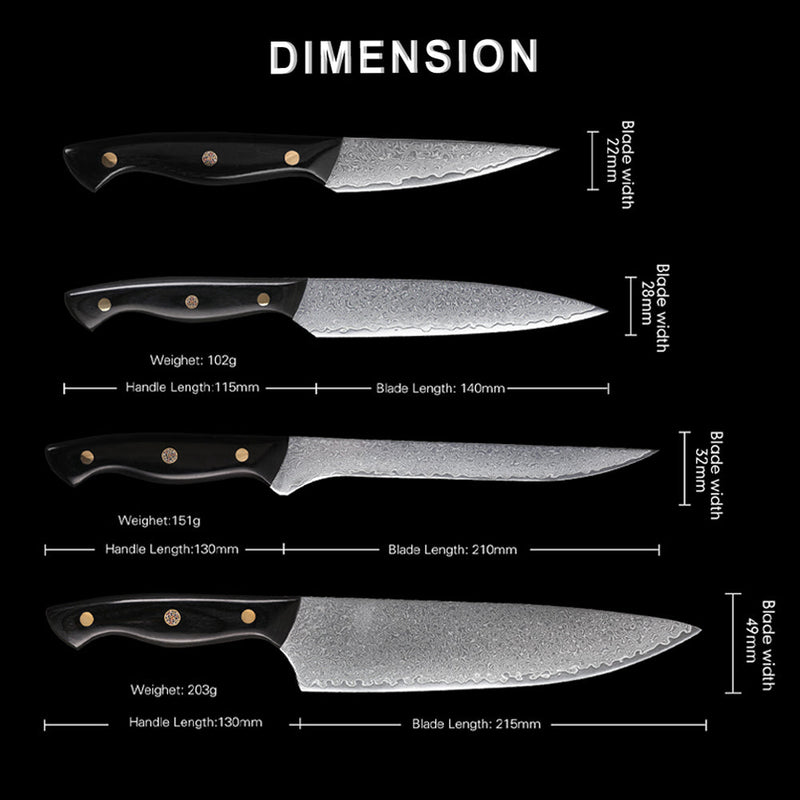 4-Piece Damascus Chef Knife Set With Triple Riveted Wood Handle
