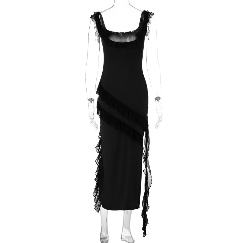 Sexy Spaghetti Strap Thigh High Split Bodycon Dress – Backless, Low-Cut Ruffle Gown for Elegant Evening & Party Glamour